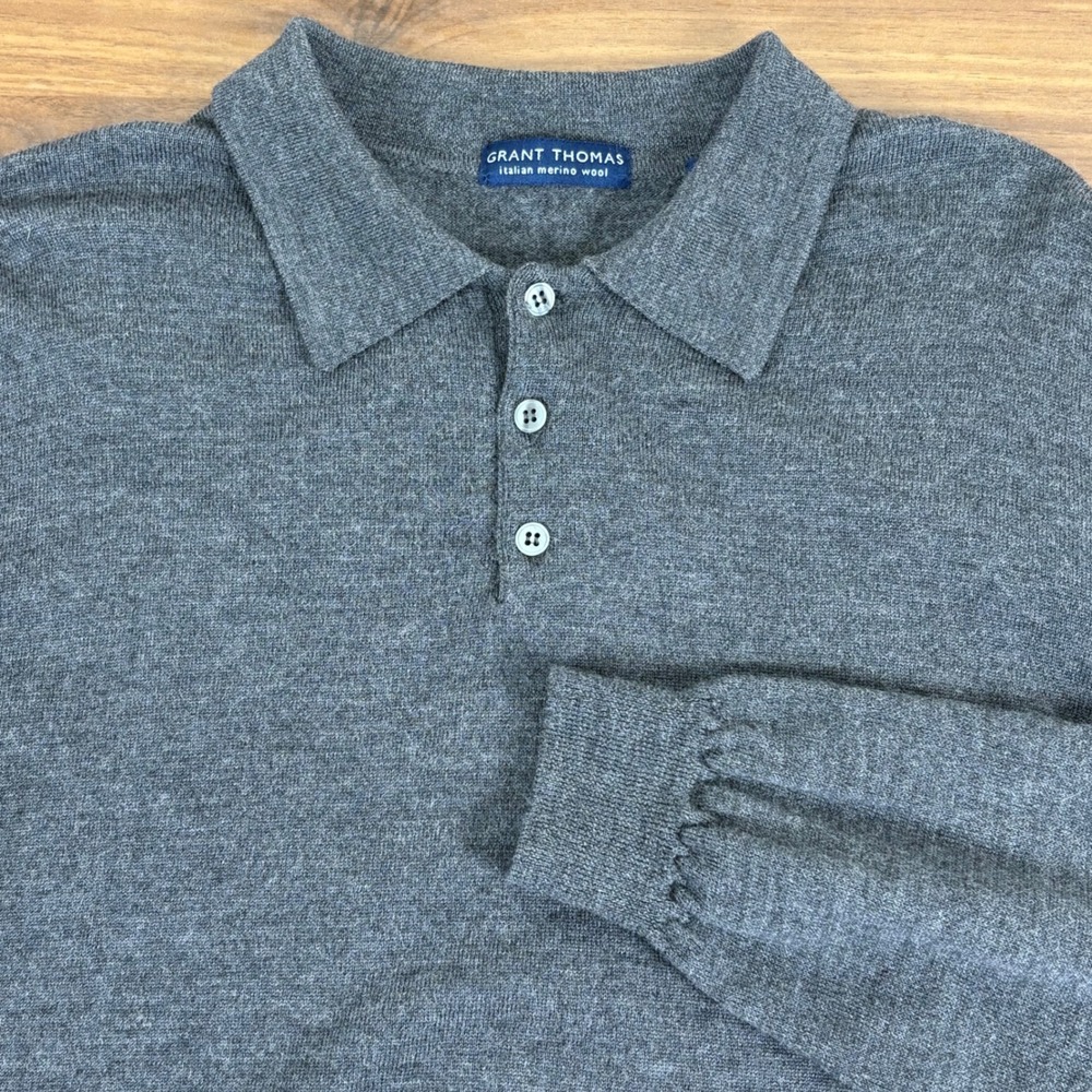 Grant Thomas‎ Italian Merino Wool Gray Long Slv Lightweight Polo Sweater Mens L